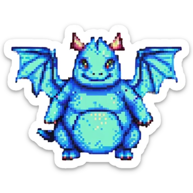 pixel art chubby dragon with very small wings, playful pose sticker