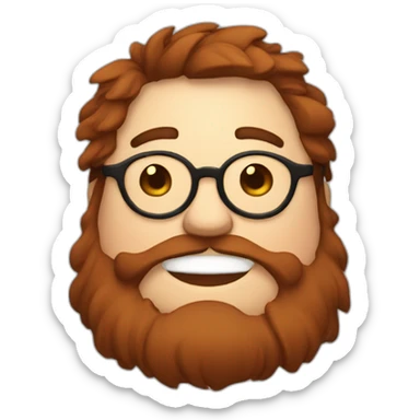 Chubby, non binary, round glasses, attached long brown hair, red and Brown beard, laughing ans sleepy sticker