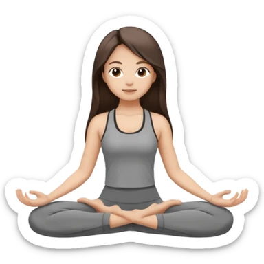 a brunette girl doing yoga, she is wearing a grey fit and she has dark brown long, straight and loose hair.  sticker