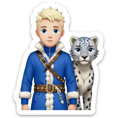Medieval winter outfit worn by a DnD themed fantasy male character. Heavy cobalt blue wool tunic with snow leopard fur lining, secured by polished bone toggles and a wide leather belt with brass studs. Clothes only above the waist, full waist coverage. The character has no arms. Character is white-skinned with platinum blonde hair, winter-sky blue eyes, and short spiky hair touched by snowflakes. sticker