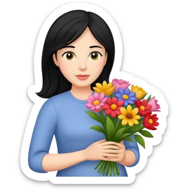 black haired mother holding a bouquet of flowers sticker