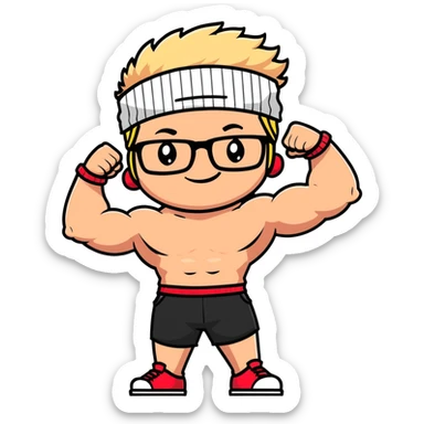 Regular man with black and white cap, bare torso, red shorts, clear glasses, messy light blond mullet hairstyle, smiling and flexing muscles sticker
