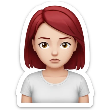 younger woman shrugging, eyes closed, white t-shirt, dark red hair, black eyebrows sticker
