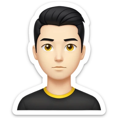 nam 25 tuổi, tóc màu đen nhuộm highlight vàng vuốt ngược, da trắng, mặt ngầu, áo màu đen, nửa thân trên sticker