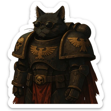 cat in sunglasses, Warhammer 40,000 inspired, dramatic ghibli style illustration sticker
