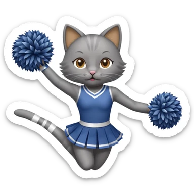 A sleek grey cat cheerleader twirling pom-poms with confident energy. sticker