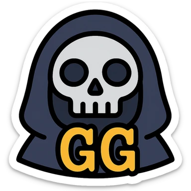 grim reaper head with 'gg' text, color outline icon style, bold lines sticker