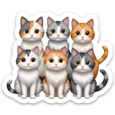6 realistic looking cats with different natural coloured coats, assorted grey and white, greys, calico, brown and white colours etc
 sticker