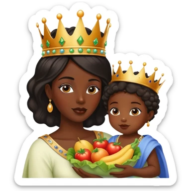 A black dark skin queen, with a beautiful crown alimentando a su bebé con frutas y verduras  sticker