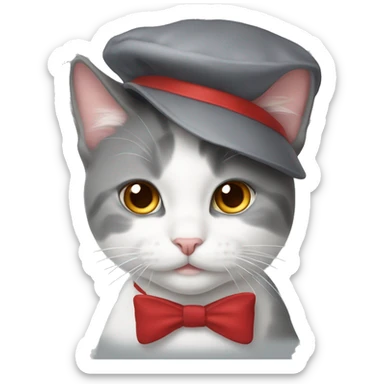Gray and white cat with a red beret and white bowtie sticker