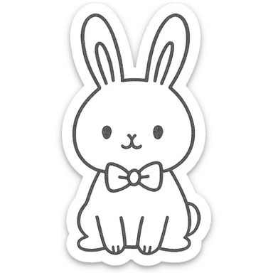 hand-drawn outlined sketch of a cute bunny with a bow tie, no color, simple lines, icon style sticker