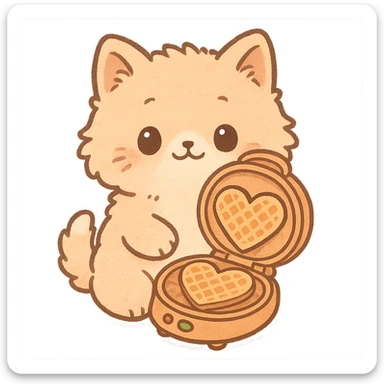 chibi style soft fluffy cat as a waffle maker, showing heart-shaped waffles, pastel orange, full-body sticker
