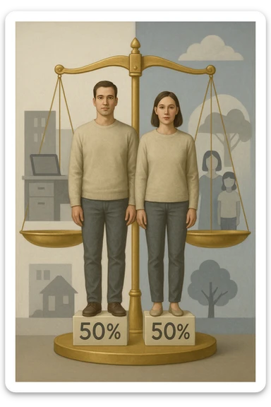 Uomo e donna in piedi l’uno accanto all’altra, al centro di una bilancia perfettamente in equilibrio. Entrambi vestiti in modo simile (moderno e neutro), con espressioni serene e rispettose. Sotto i loro piedi, due blocchi con scritto '50%' ciascuno. Sullo sfondo, elementi divisi simmetricamente: lavoro, famiglia, tempo libero, rappresentati equamente da entrambi. Atmosfera armoniosa, illuminazione equilibrata, colori neutri e simbolici (bianco, grigio, blu e oro). Stile realistico con accento simbolico sul concetto di equità sticker
