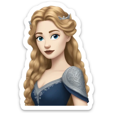 Feyre has pale skin, golden-brown hair and blue-grey eyes. She has a dark blue dress on with a silver crown sticker