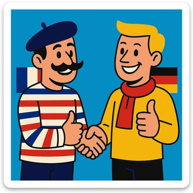 A French and German man shaking hands and giving thumbs up, vibrant colors, both smiling, French with mustache and striped shirt, German with blond hair and scarf. sticker