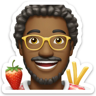 reuse this same smiling man with jewelry outdoors and he is eating french fries in his mouth while holding a strawberry lemonade sticker