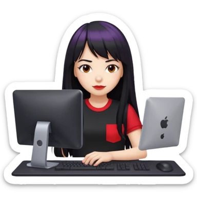 lilac girl with long hair and bangs worker and acessories with a pc worten the clothes black like an alternative bue the shirt in red with worten on the right side very small sticker