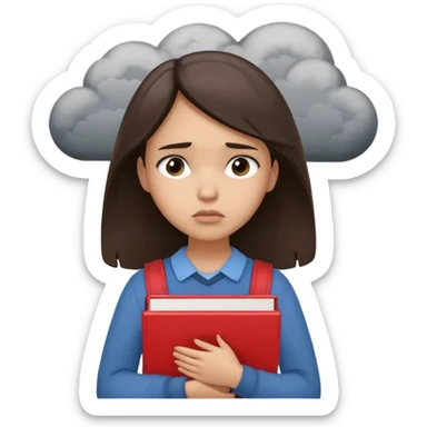 A worried light-skinned brunette girl shown from the waist up. She’s holding schoolbooks tightly to her chest, with a sad and anxious expression on her face. Small dark clouds hover above her head, symbolizing stress or exam anxiety. Her posture is tense, and her brows are furrowed. sticker