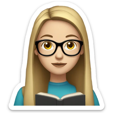 White woman with glasses, long straight brown hair and blue eyes reading a book sticker