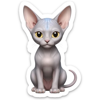 A 3D cartoon silver-gray Sphynx cat with smooth skin, gentle expression, elegant pastel lighting, cinematic Memoji rendering. full body or half body. sticker