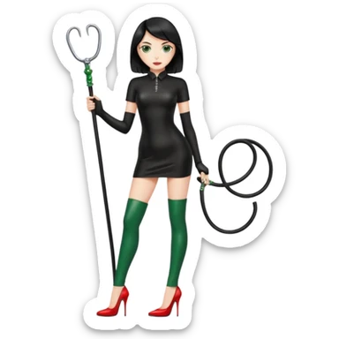 🕵🏻‍♀️💦🧥 black hair , green eyes , full body , red high heels , whip , black latex dress sticker