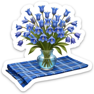 A lush bouquet of bright blue color bluebell black satin ribbon, resting on an antique wooden table, with a pale yellow and pink plaid pattern table cloth sticker