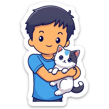 teenage boy with black hair wearing blue short sleeve shirt holding a white ragdoll cat sticker