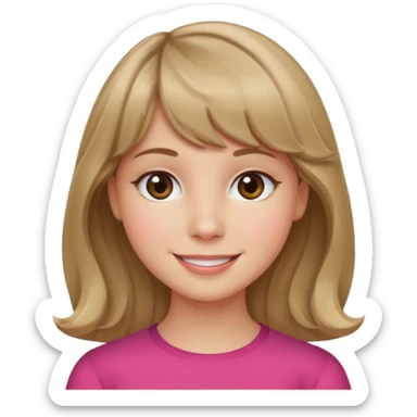 A girl with wavy, dark blonde hair, straight bangs, and straight eyes. She is smiling. sticker