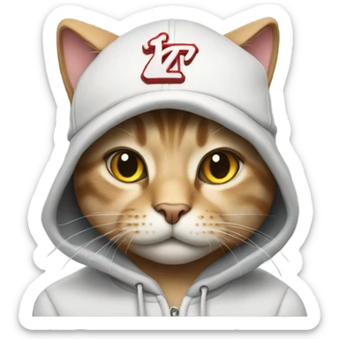 Cat wearing a hoodie and a baseball cap sticker