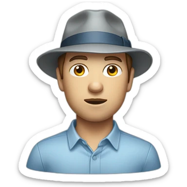 A TOK emoji of a bust of a man with light skin and short brown hair, wearing a light blue oxford shirt and a gray trilby hat with a flap on the back, looking concerned sticker