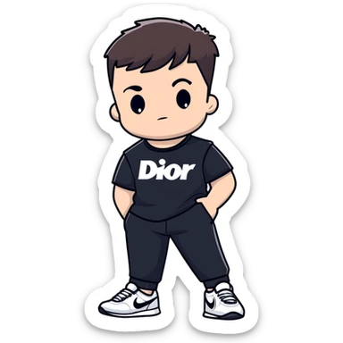 chico de pelo moreno, corte taper fade, flequillo a las cejas, camiseta Nike negra, pantalones Nike negros bajados, zapatillas Dior blancas sticker