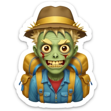 Zombie portrait with spikey hair, smirking with gold teeth, Astor’s hat, and a backpack sticker