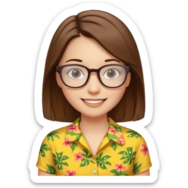 Hawaii female with white skin. Shoulder length straight brown hair. Brown eyes with glasses. Female wearing yellow Hawaiian print shirt. sticker
