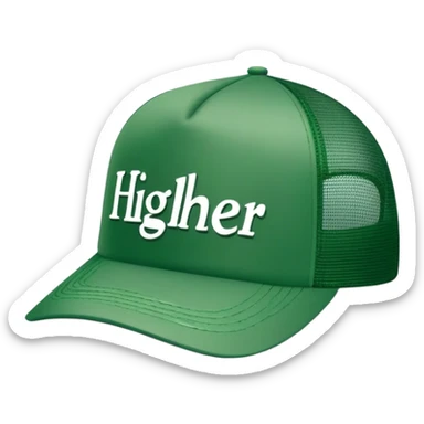 green higher trucker hat with center text "HIGHER" written on it,  white center sticker