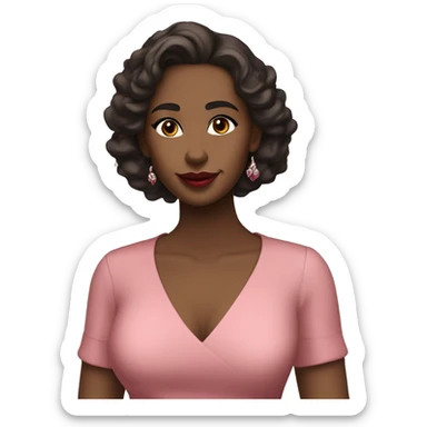 She has soft features, fair skin, and almond-shaped eyes. Her defined eyebrows and natural pink lips frame her face. Her dark, wavy hair is partly tied back, giving her an elegant yet relaxed look.  She wears a red V-neck long luxurious dress. White skin. sticker