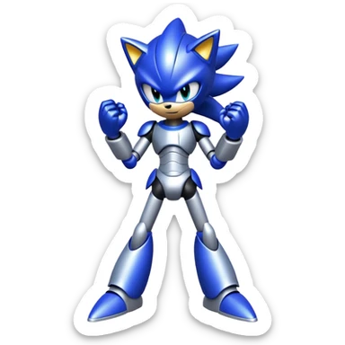 Metal Sonic, standing with arms crossed, reflective metal body, blue and silver sticker