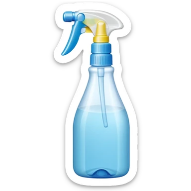 plastic spray bottle with simple trigger top and translucent body filled with clear liquid, practical shape, subtle grip texture on neck, no branding, slight reflection on plastic, no label, no cloth, no surface, soft lighting, subtle shadows, emoji scale sticker