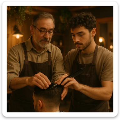 Inside a cozy barbershop with soft lighting, an experienced barber gently teaches his apprentice, guiding his hands as they cut hair together. The room is filled with warmth, plants hanging from the ceiling, and the hum of clippers sticker