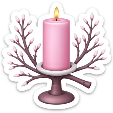 Pink candle holder with white tree branches around it and a beautiful white candle sticker