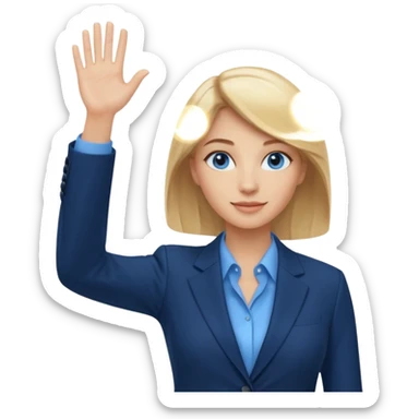 Make emoji of business woman with light skin and medium blonde hair in a dark blue business suit and light blue shirt waiving to new clients.  Woman should have sparkling blue eyes. sticker