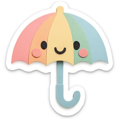 Regenerate this umbrella as a kawaii pastel rainbow umbrella with a smiling face, no arms, no legs, full body, soft pastel kawaii paper craft style. Keep the paper craft texture and cute look, transparent background. sticker