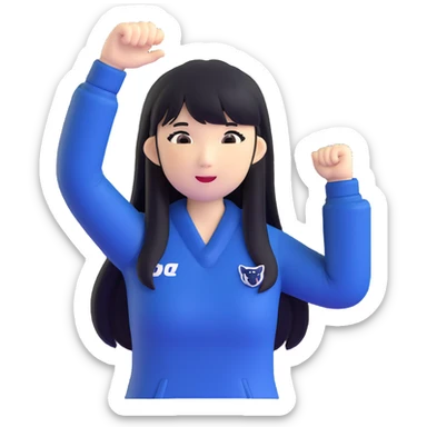East Asian woman with long black straight hair and bangs wearing navy and white Doosan Bears team colors, cheering sticker