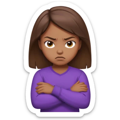 Girl with brown hair crossing arms in front of her chest and making an angry face with a purple longsleeve shirt on and be more pouty sticker