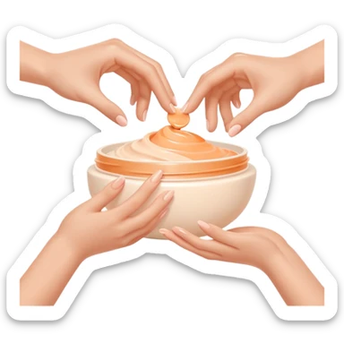Minimal emoji of hands gently applying skincare cream, soft nude and peach tones, clean beauty aesthetic, calm and elegant, subtle glow sticker