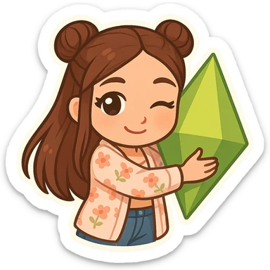 Create a chibi sticker of the girl from the reference image. She has brown straight hair styled in double buns, brown eyes, wearing a pastel floral cardigan and jeans. The expression is flirty and she is hugging a plumbob. The sticker should have a white outline and a transparent background, sized 512x512px. sticker