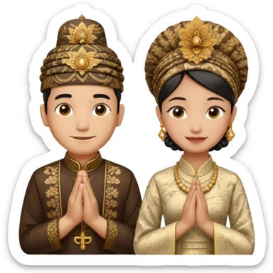 javanese person with shy smile (male) with batik blangkon hat and prayer hand, and also a javanese bride with sanggul or javanese classic updo and a shy smile sticker