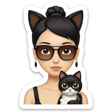 Black hair tied back with strands hanging on the sides, deep brown eyes, wearing square black sunglasses, and holding a cat.” sticker