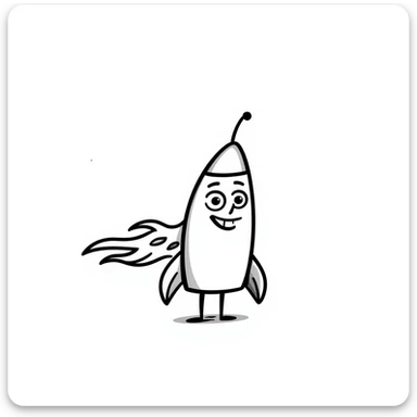 A hand-drawn toy rocket with a silly grinning face and flame trail sticker