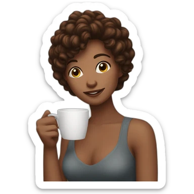 Browhair nice woman posing next to a coffee cup sticker