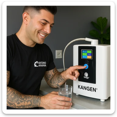 Create a realistic image of a man using a Kangen alkaline water purifier, inspired by the provided photo. Show the man operating or filling a glass from the Kangen purifier, with the device clearly visible and recognizable. The style should be realistic with a positive atmosphere. sticker